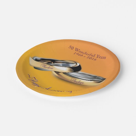 ゴールデン50th結婚のリングや輪記念日の使い捨て ペーパープレート (アングル)
