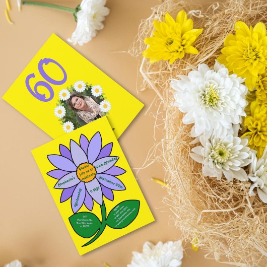 ゴールデン60誕生日シンプル紫ひまわり 招待状