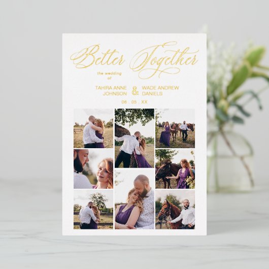 ゴールデン8写真よりお洒落良い一緒に引用文 箔招待状 (立ち正面)