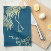 ゴールデン・クレーン・アート、青い背景 キッチンタオル (四つ折り)