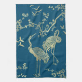 ゴールデン・クレーン・アート、青い背景 キッチンタオル (縦)