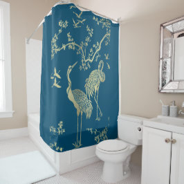 ゴールデン・クレーン・アート、青い背景 シャワーカーテン