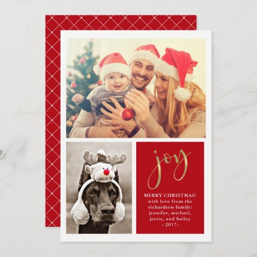 ゴールデン・ジョイ | 2枚の写真付き赤いクリスマスカード シーズンカード (正面/裏面)