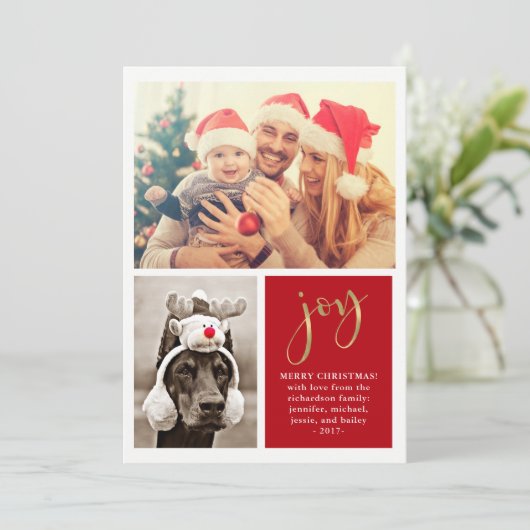 ゴールデン・ジョイ | 2枚の写真付き赤いクリスマスカード シーズンカード (スタンド正面)
