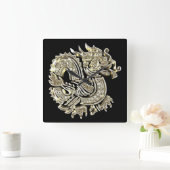 ゴールデン·ドラゴン·ブラック·アンド·金ゴールドエレガント スクエア壁時計 (ホーム)