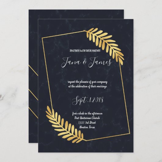 ゴールデン·フレーム·ネービ結婚ーバックズ 招待状 (正面/裏面)