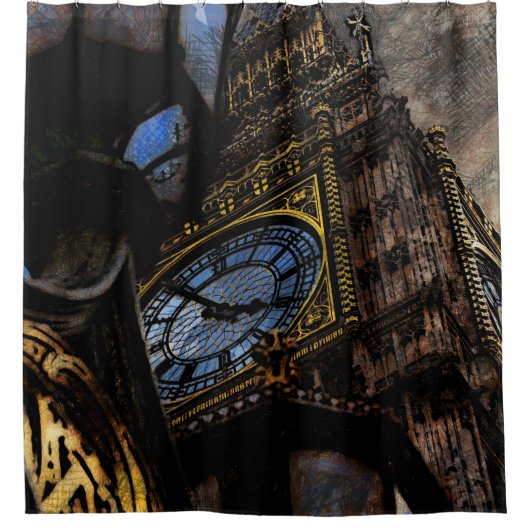 ゴールデン/ブラックタワービッグベンロンドン シャワーカーテン (正面)