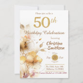 ゴールデン ブルーム - 花を添えたエレガントでモダンな50歳の誕生日 招待状 (正面)