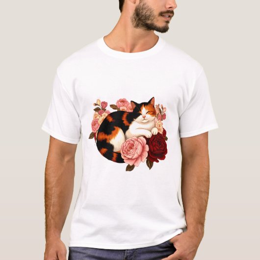 ゴールデン・ホイッカース:バラの夢の中の三毛猫 Tシャツ (正面)