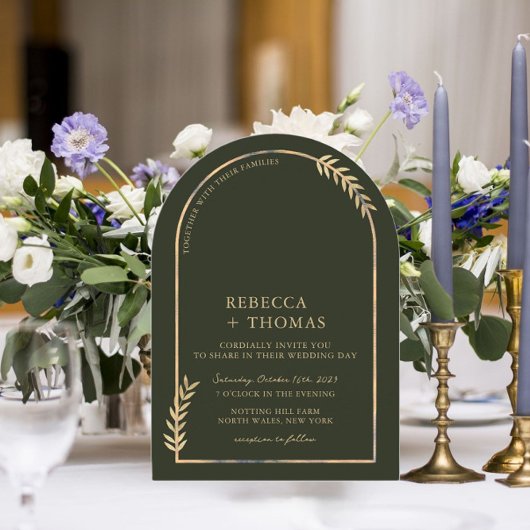 ゴールデン ボタニカル アーチ オリーブ グリーン ガーデン ウェディング 招待状