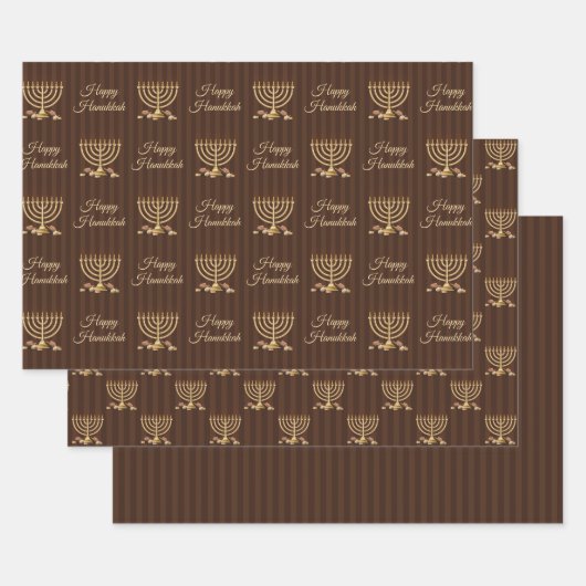 ゴールデン（ユダヤ教）メノラーハヌカーストライプズ ラッピングペーパーシート (セット)