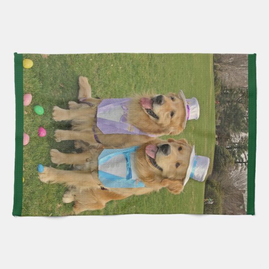ゴールデン・リトリーバーのイースターエッグの狩り キッチンタオル (横)