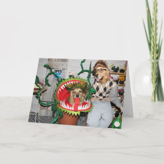 ゴールデン・リトリーバーのハロウィンの人食い植物 カード (正面)