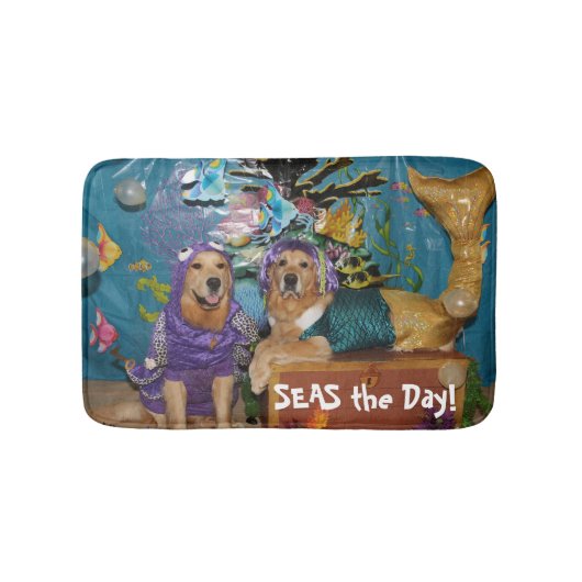 ゴールデン・リトリーバーの人魚およびタコの海日 バスマット (正面)