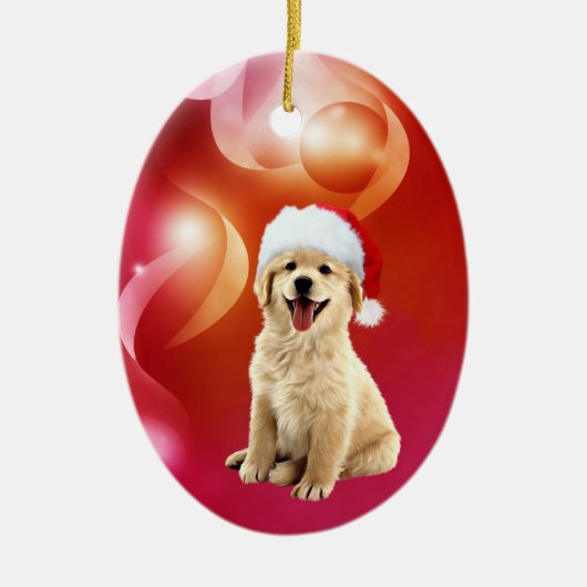 ゴールデン・リトリーバーの子犬のクリスマス セラミックオーナメント (正面)