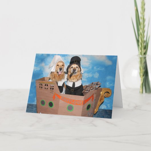 ゴールデン・リトリーバーの巡礼者Mayflower Thankgiving シーズンカード (正面)