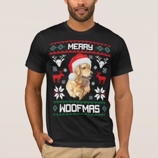 ゴールデン・リトリーバー犬のメリーなWoofmasのクリスマスのワイシャツ Tシャツ (正面)