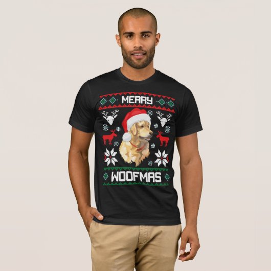 ゴールデン・リトリーバー犬のメリーなWoofmasのクリスマスのワイシャツ Tシャツ (正面フル)