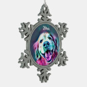 ゴールデン・リトリーバー犬カスタムな年のネオン色 スノーフレークピューターオーナメント (左)