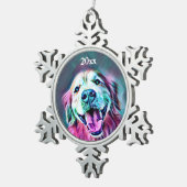 ゴールデン・リトリーバー犬カスタムな年のネオン色 スノーフレークピューターオーナメント (右)