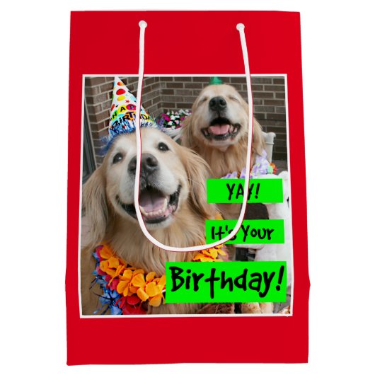 ゴールデン・リトリーバーYayあなたの誕生日 ミディアムペーパーバッグ (裏面)