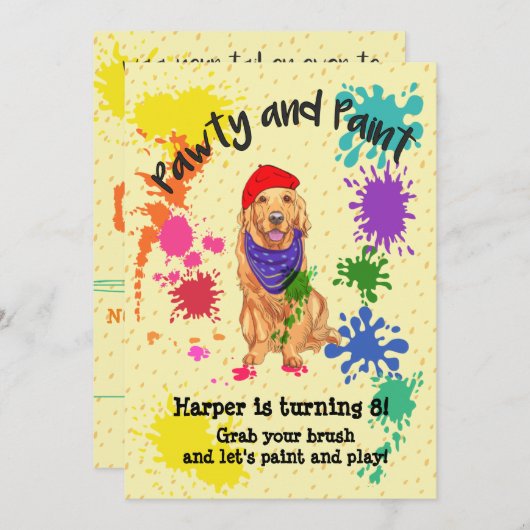 ゴールデン·レトリーバー·ドッグ·アート誕生日パーティーの招待 招待状 (正面/裏面)