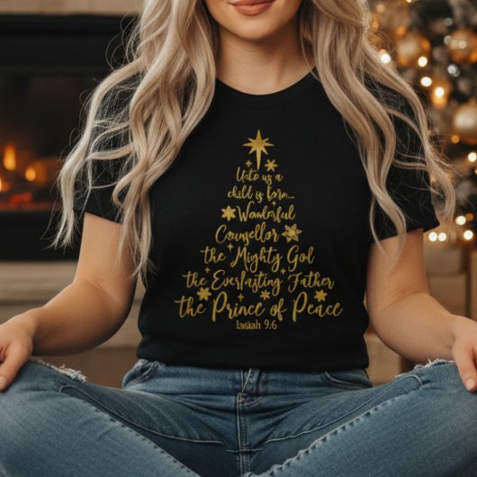 ゴールデン「幼子がわれらに生まれ給う」クリスマスツリー Tシャツ