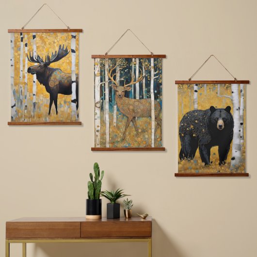 ゴールデン《植物》アスペンアールヌーボー動物 吊り下げ型タペストリー (非対称)