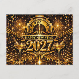 ゴールドが映えるアールデコ調の都市の新年 2027 シーズンポストカード