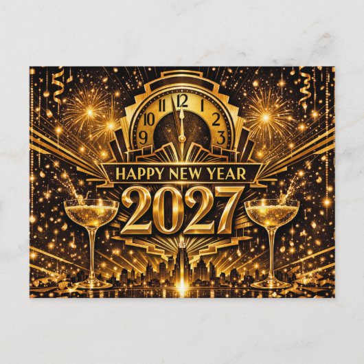 ゴールドが映えるアールデコ調の都市の新年 2027 シーズンポストカード (正面)