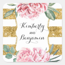 ゴールドきらめくストライプとピンクの花ヴィンテージシック