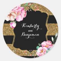 ゴールドきらめくストライプとピンクの花ヴィンテージシック