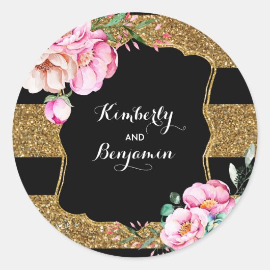 ゴールドきらめくストライプとピンクの花ヴィンテージシック ラウンドシール (正面)