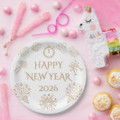 ゴールドでおしゃれな2026年新年のあいさつ ペーパープレート (パーティー)