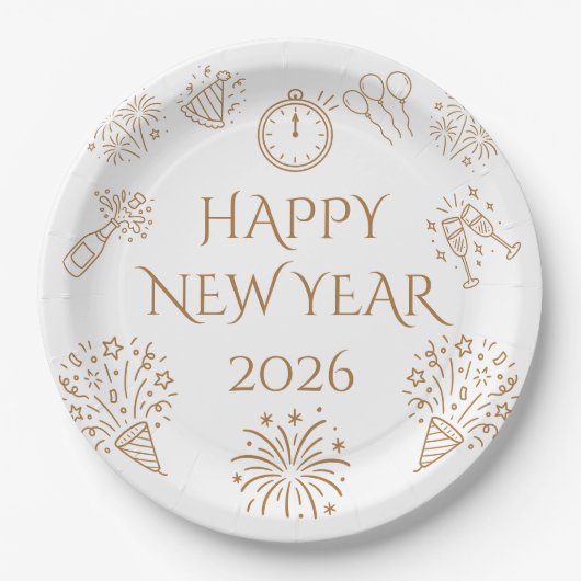 ゴールドでおしゃれな2026年新年のあいさつ ペーパープレート (正面)