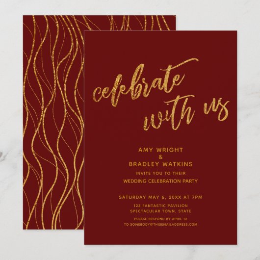 ゴールドでお祝いしよう ワインレッドの結婚式披露宴 招待状 (正面/裏面)