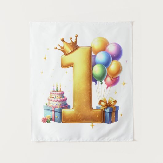 ゴールドでお祝い 1歳の誕生日 タペストリー (正面)