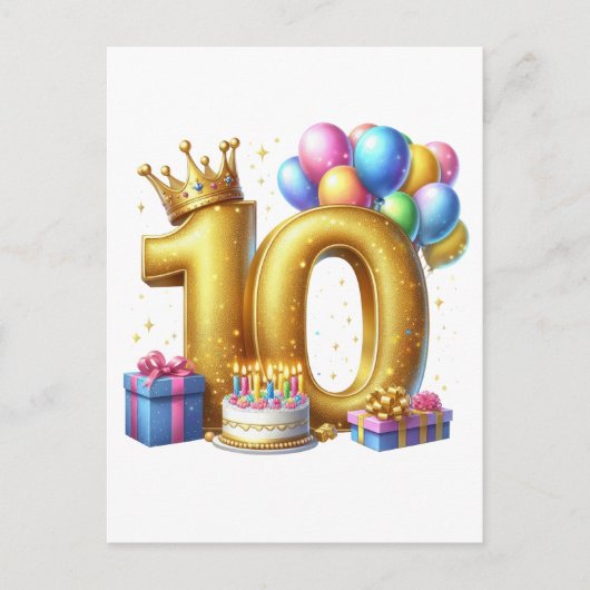 ゴールドでお祝い 10歳の誕生日 シーズンポストカード (正面)