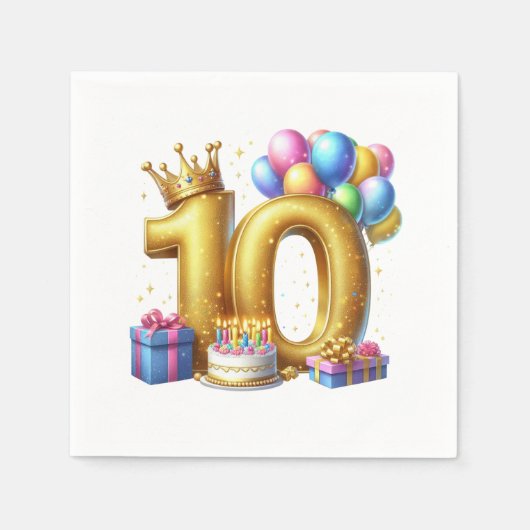 ゴールドでお祝い 10歳の誕生日 スタンダードカクテルナプキン (正面)