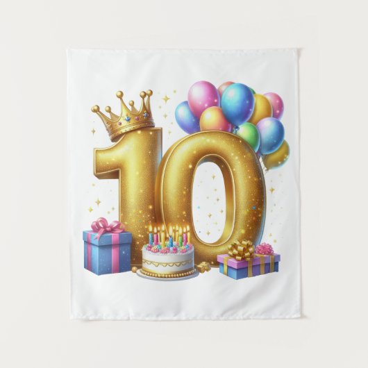 ゴールドでお祝い 10歳の誕生日 タペストリー (正面)