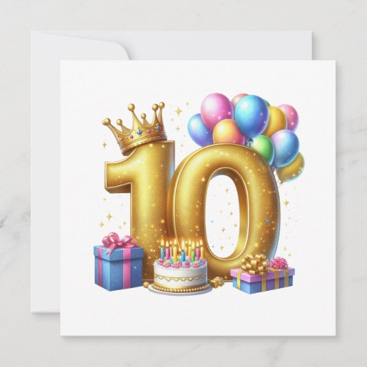 ゴールドでお祝い 10歳の誕生日 招待状 (正面)