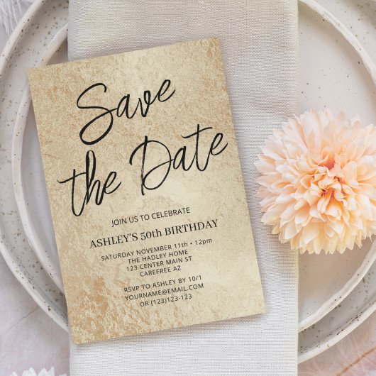 ゴールドでモダンな50歳の誕生日 Save The Date 招待状
