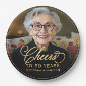 ゴールドで乾杯！90歳の誕生日 カスタムフォト ペーパープレート (正面)