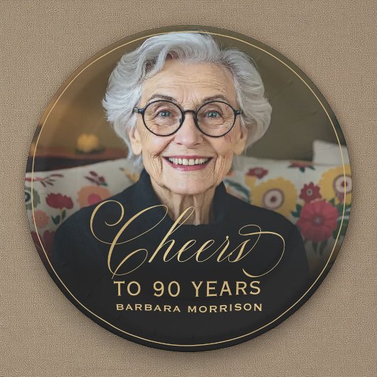 ゴールドで乾杯！90歳の誕生日 カスタムフォト ペーパープレート
