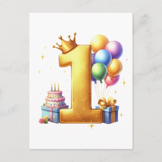 ゴールドで1歳の誕生日をお祝い シーズンポストカード (正面)
