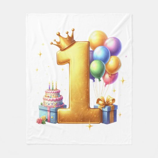 ゴールドで１歳の誕生日をお祝い フリースブランケット (正面)