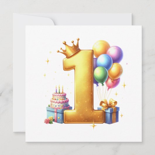 ゴールドで１歳の誕生日をお祝い 招待状 (正面)