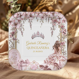 ゴールドとくすみピンクのティアラ フローラル quinceañera ペーパープレート