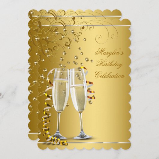 ゴールドとアイボリークリームの誕生日 招待状 (正面/裏面)