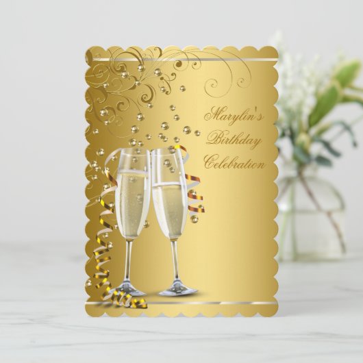 ゴールドとアイボリークリームの誕生日 招待状 (スタンド正面)